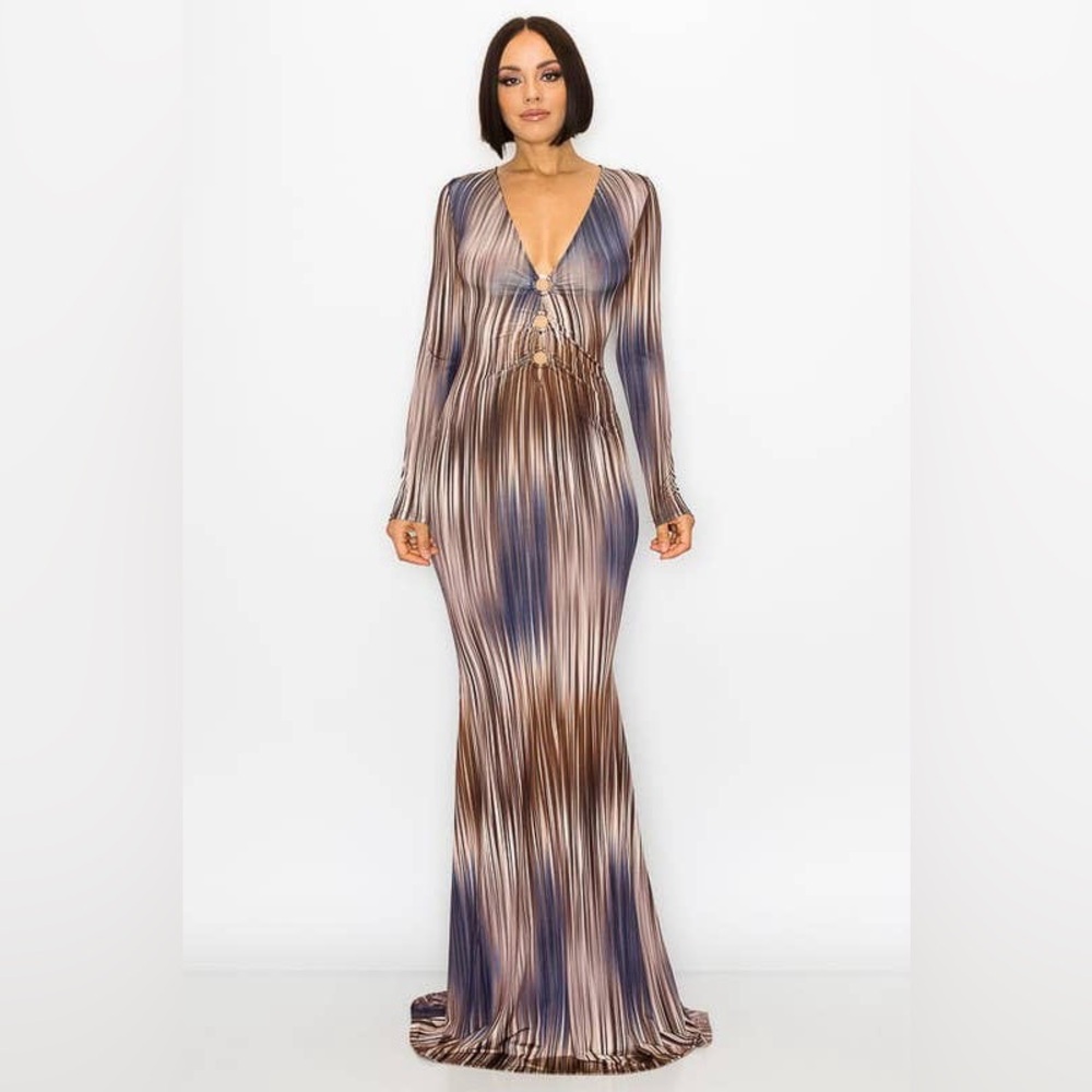 Women's Multi-Color Brown & Blue Hues Floor Length Maxi Dress